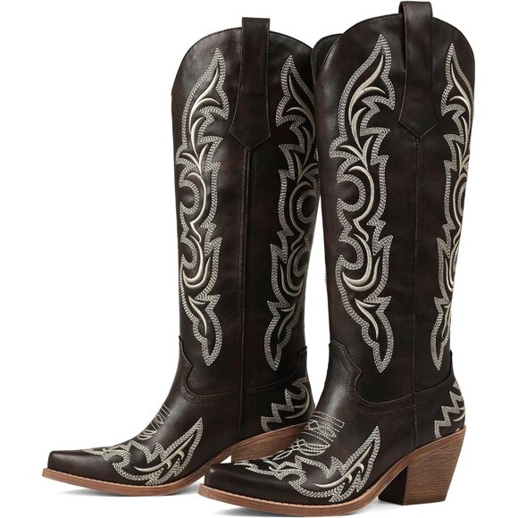 Women's Brown Western Cowgirl Knee High Embroidered Pointed Toe Chunky Heel Boot - Picture 6 of 6